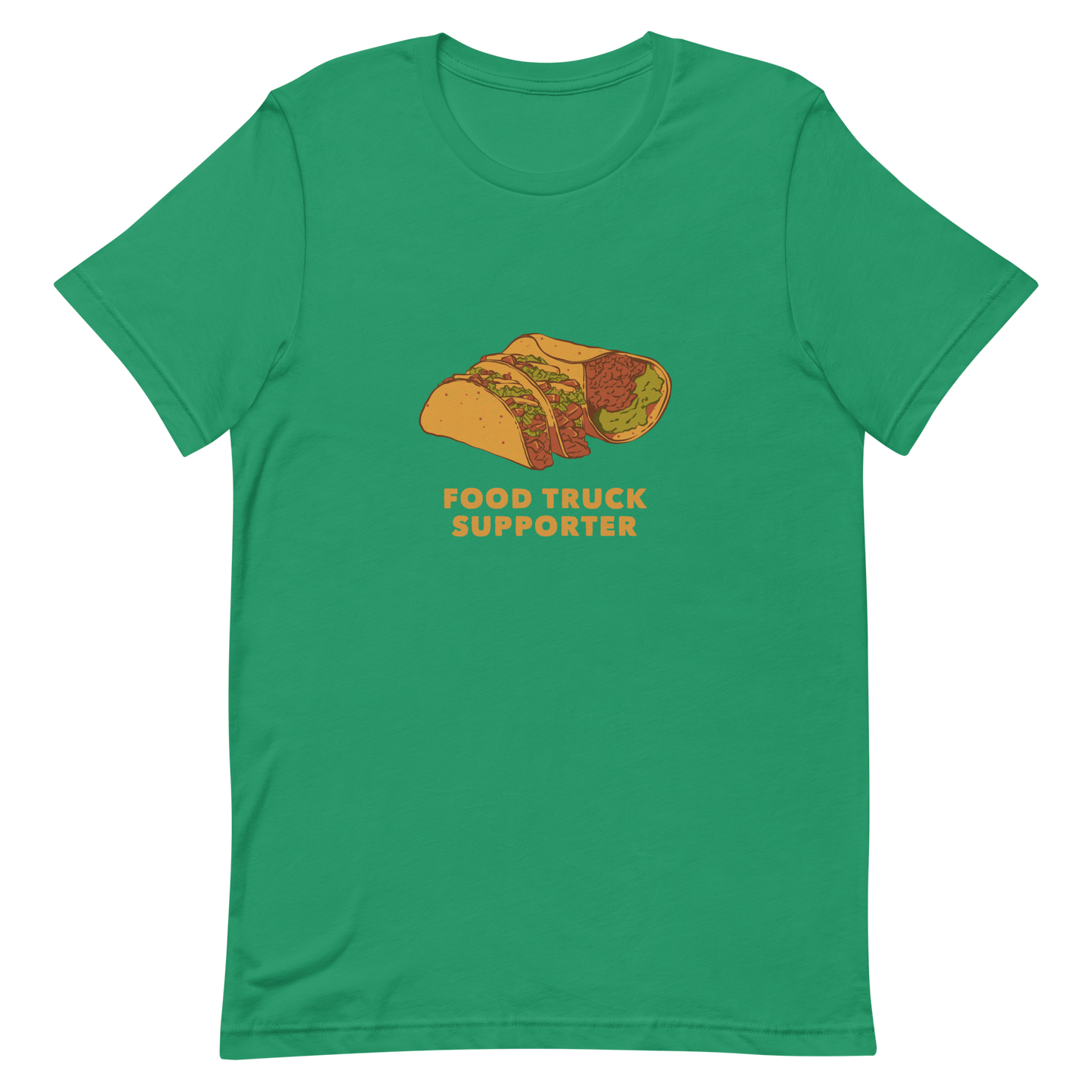 Two delicious tacos and a burrito with the phrase below "Food Truck Supporter". This design celebrates the love of street food and the joy of discovering amazing flavors on wheels. Perfect for Mexican food lovers, taco fans, and anyone who proudly supports local food trucks.