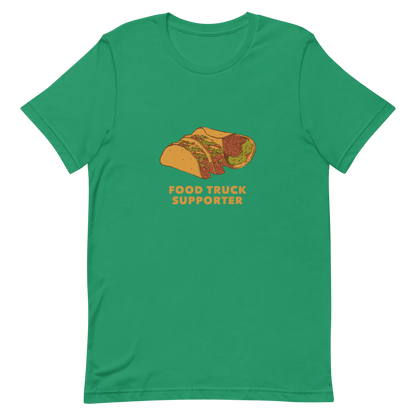 Two delicious tacos and a burrito with the phrase below "Food Truck Supporter". This design celebrates the love of street food and the joy of discovering amazing flavors on wheels. Perfect for Mexican food lovers, taco fans, and anyone who proudly supports local food trucks.