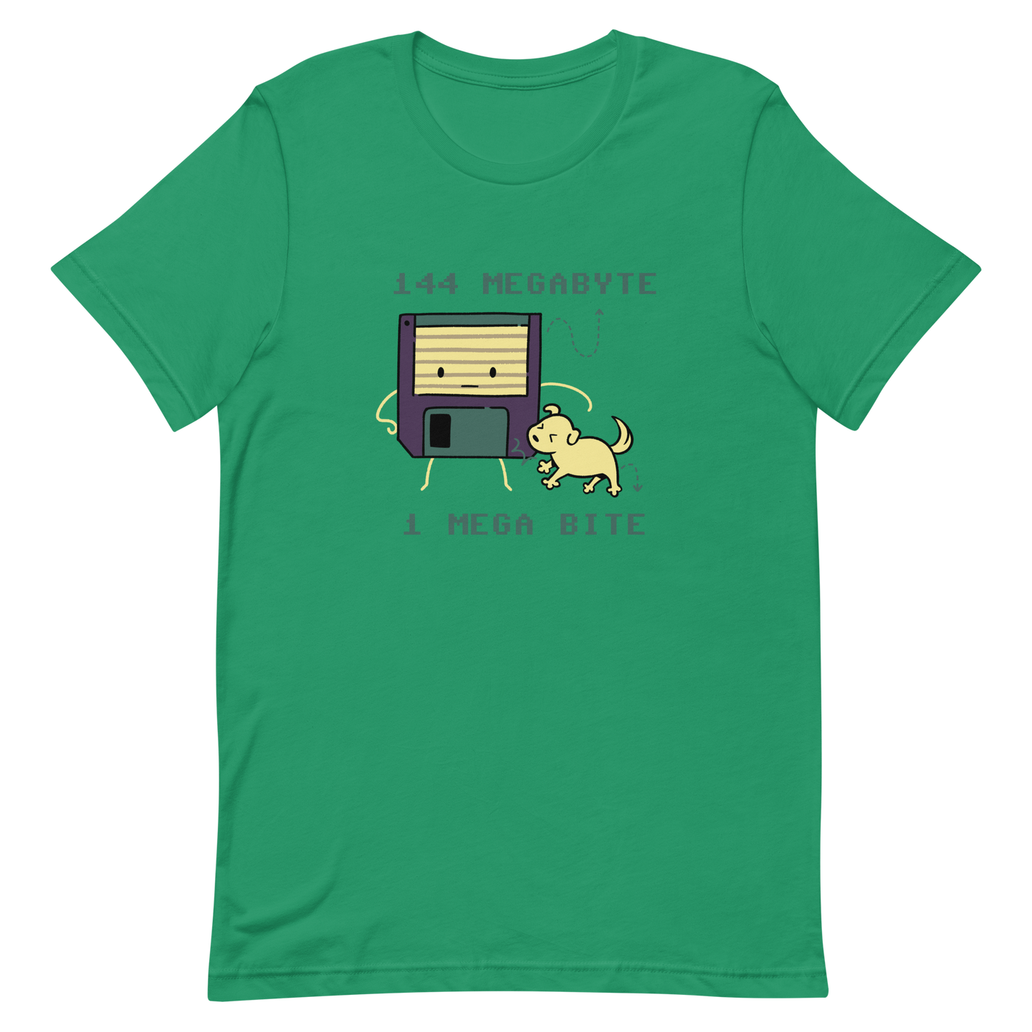 A cute floppy disk stands nervously while a little dog playfully bites its corner, with the text “144 Megabyte / 1 Mega Bite”. This clever pun mixes retro tech nostalgia with a dose of adorable chaos. Perfect for geeks, gamers and anyone who loves a good tech joke.