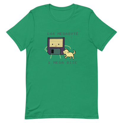 A cute floppy disk stands nervously while a little dog playfully bites its corner, with the text “144 Megabyte / 1 Mega Bite”. This clever pun mixes retro tech nostalgia with a dose of adorable chaos. Perfect for geeks, gamers and anyone who loves a good tech joke.
