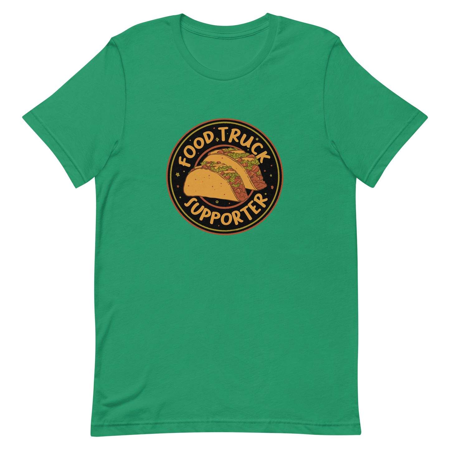 Two delicious tacos sit at the center of a bold circular badge under the phrase “Food Truck Supporter”. This design celebrates the love for street food and the joy of discovering amazing flavors on wheels. Perfect for foodies, taco lovers, and anyone who proudly supports their local food trucks.