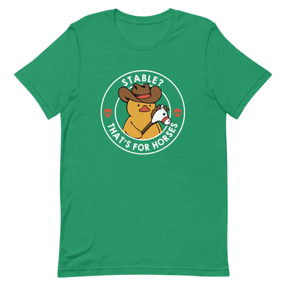 A cute duck dressed as a cowboy, wearing a hat and holding a wood horse, surrounded by the phrase "Stable? That's for horses". This design blends dark humor and cuteness, punning on emotional stability and a stable. Perfect for duck lovers, funny prints, and fans of irreverent humor.