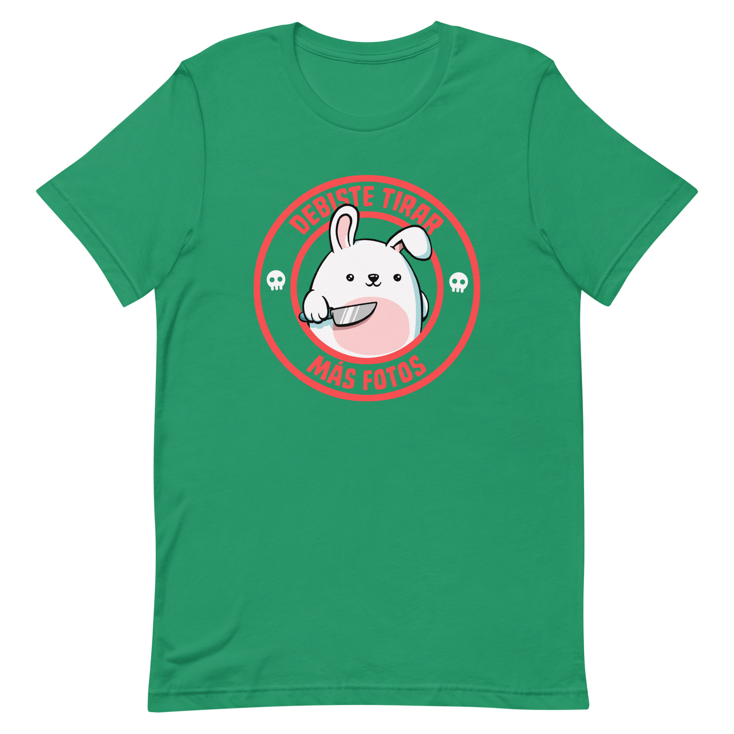 A cute white cartoon bunny with a pink belly stands holding a large kitchen knife in one paw. Surrounding the bunny is a red circular border with the words 'DEBISTE TIRAR MÁS FOTOS'. Small skull icons are on either side of the circle. The overall tone is a mix of adorable and ironic humor.