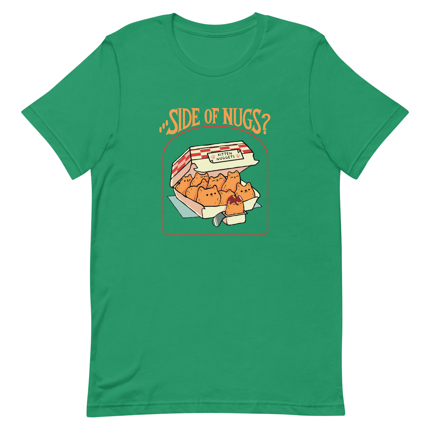 A box of cute, cat-shaped chicken nuggets, with the text "side of nugs?" on top. A work of art that blends humor, kittens, and fast food.