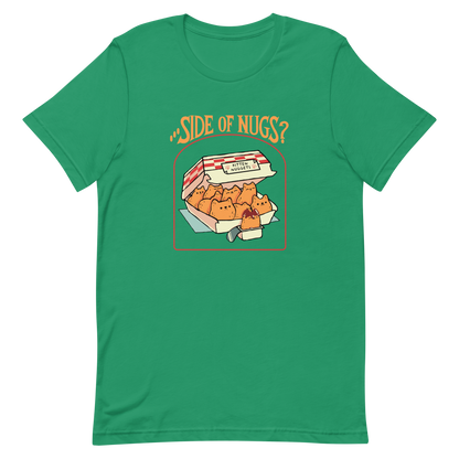 A box of cute, cat-shaped chicken nuggets, with the text "side of nugs?" on top. A work of art that blends humor, kittens, and fast food.