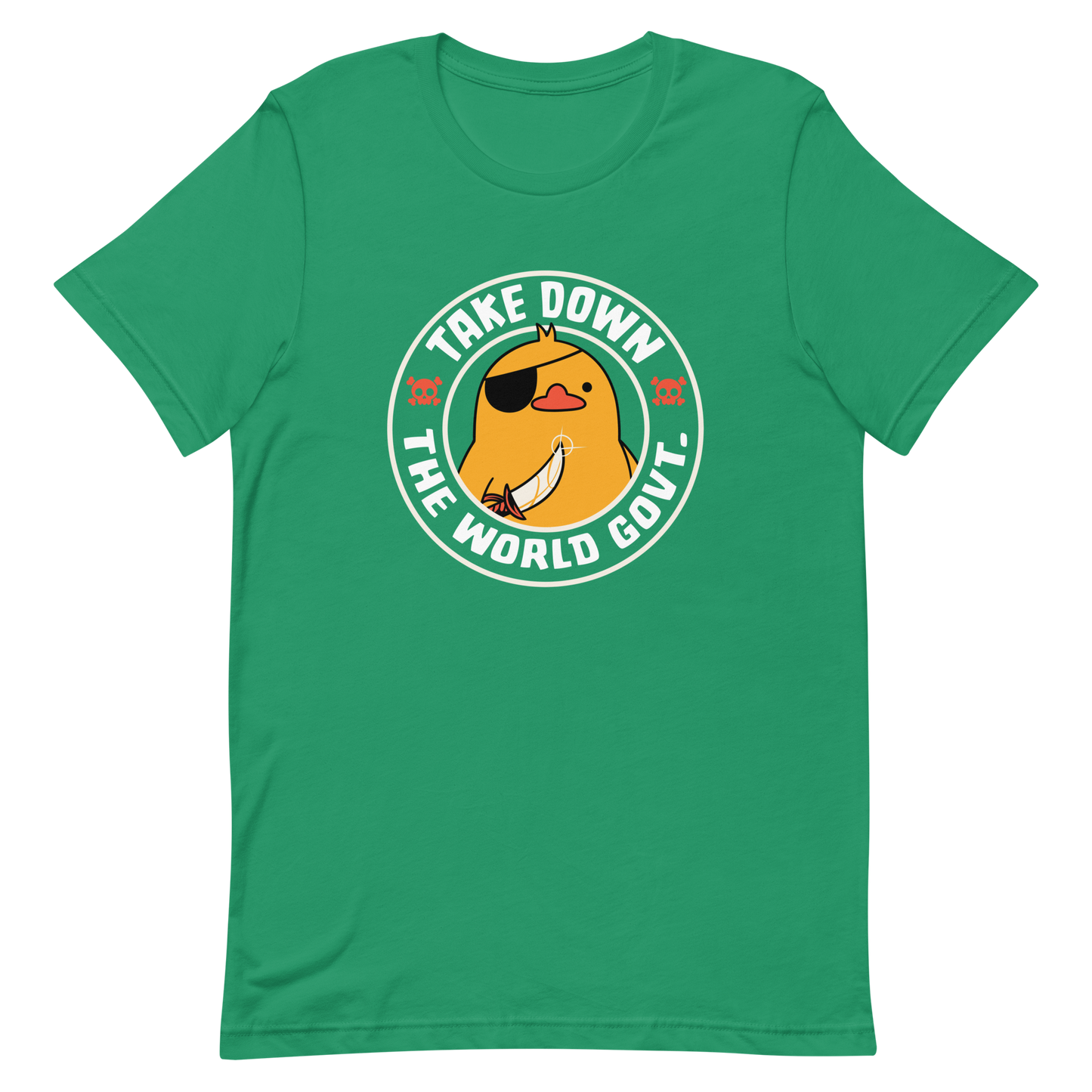 A stamp-like design featuring a fearless duck wearing an eyepatch and wielding a sword, with the words “Take Down The World Govt.” written around it. This artwork represents rebellion and independence for those who refuse to follow rules . Ideal for free-spirited people, pirate adventures appreciators, duck lovers or those who simply enjoy unique and irreverent art.
