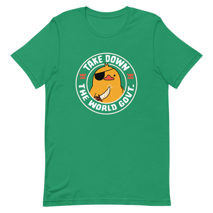 A stamp-like design featuring a fearless duck wearing an eyepatch and wielding a sword, with the words “Take Down The World Govt.” written around it. This artwork represents rebellion and independence for those who refuse to follow rules . Ideal for free-spirited people, pirate adventures appreciators, duck lovers or those who simply enjoy unique and irreverent art.