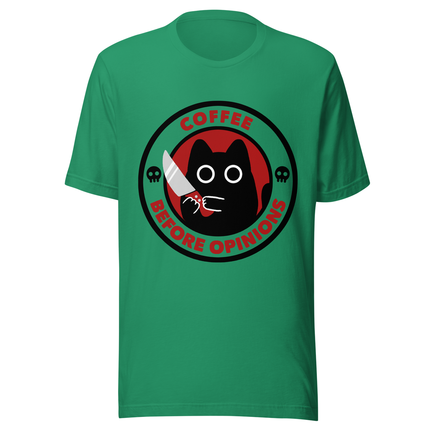 The illustration, in shades of red and black, features a wide-eyed black kitten holding a knife at the centre. Surrounding the cat is the phrase ‘Coffee Before Opinions’. A fun and cheeky gift for those who love cats and can’t function without their coffee.