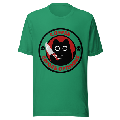 The illustration, in shades of red and black, features a wide-eyed black kitten holding a knife at the centre. Surrounding the cat is the phrase ‘Coffee Before Opinions’. A fun and cheeky gift for those who love cats and can’t function without their coffee.