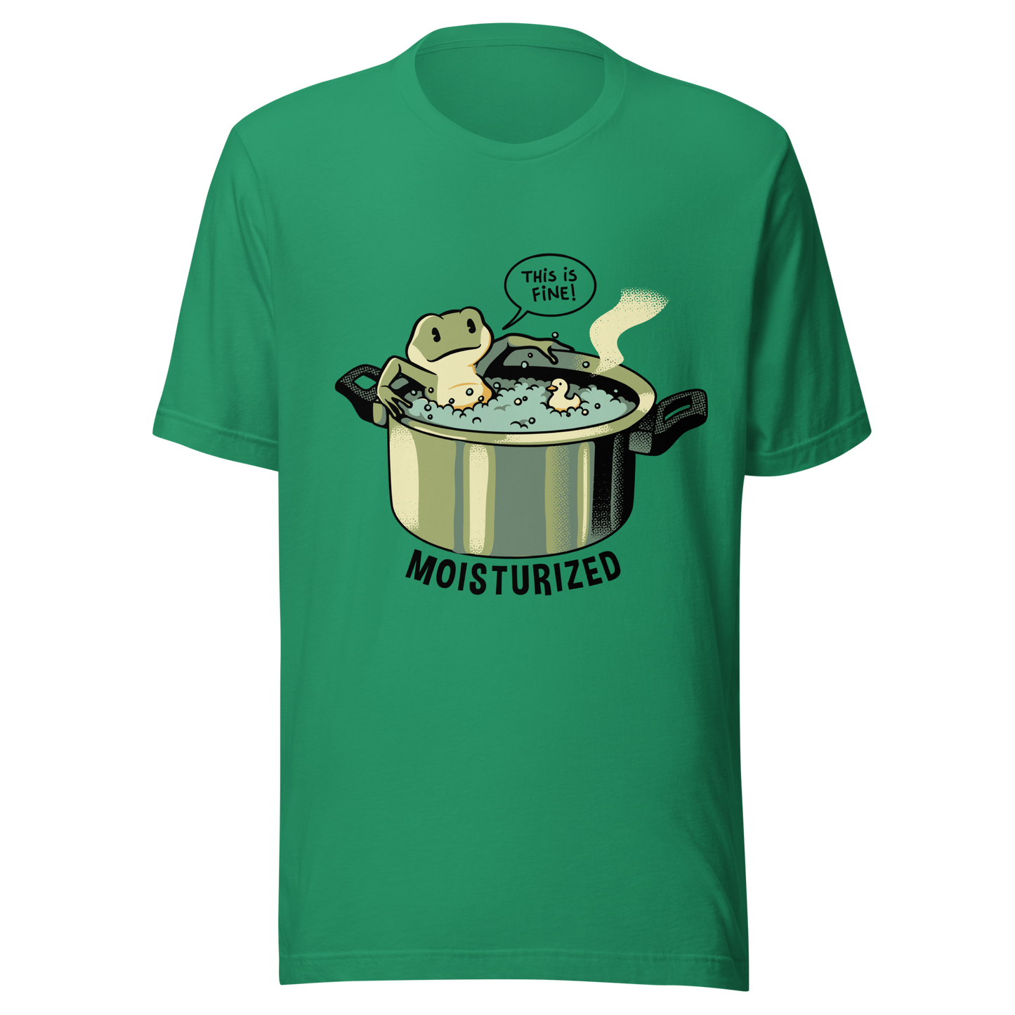A relaxing frog enjoys a bath in a pot of boiling water while calmly saying, “This is fine”. This artwork combines sarcastic humor with an unexpectedly relaxed vibe. Perfect for frog lovers, memes, irony, and a touch of playful absurdity.