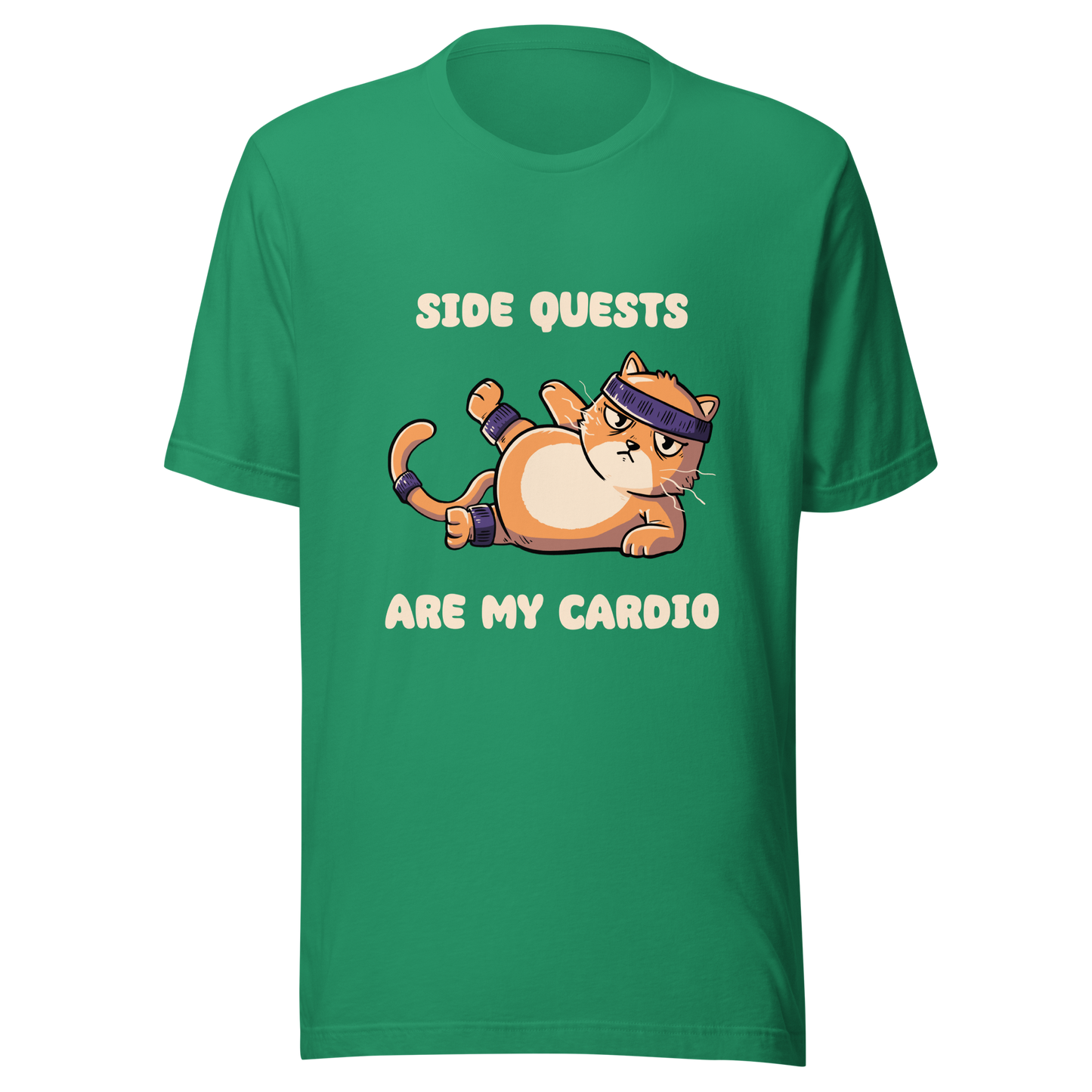 An orange kitten in gym clothes doing an aerobic workout, paired with the phrase ‘Side Quests Are My Cardio Gym Cat’. A humorous design that mixes cats, gaming vibes and fitness irony, perfect for those who prefer playful side quests over serious workouts.