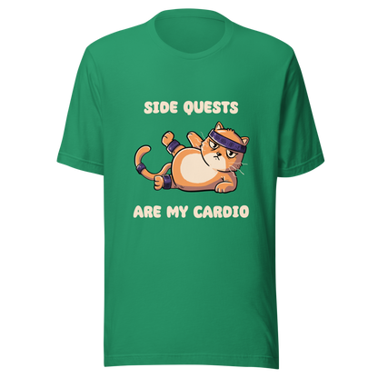 An orange kitten in gym clothes doing an aerobic workout, paired with the phrase ‘Side Quests Are My Cardio Gym Cat’. A humorous design that mixes cats, gaming vibes and fitness irony, perfect for those who prefer playful side quests over serious workouts.