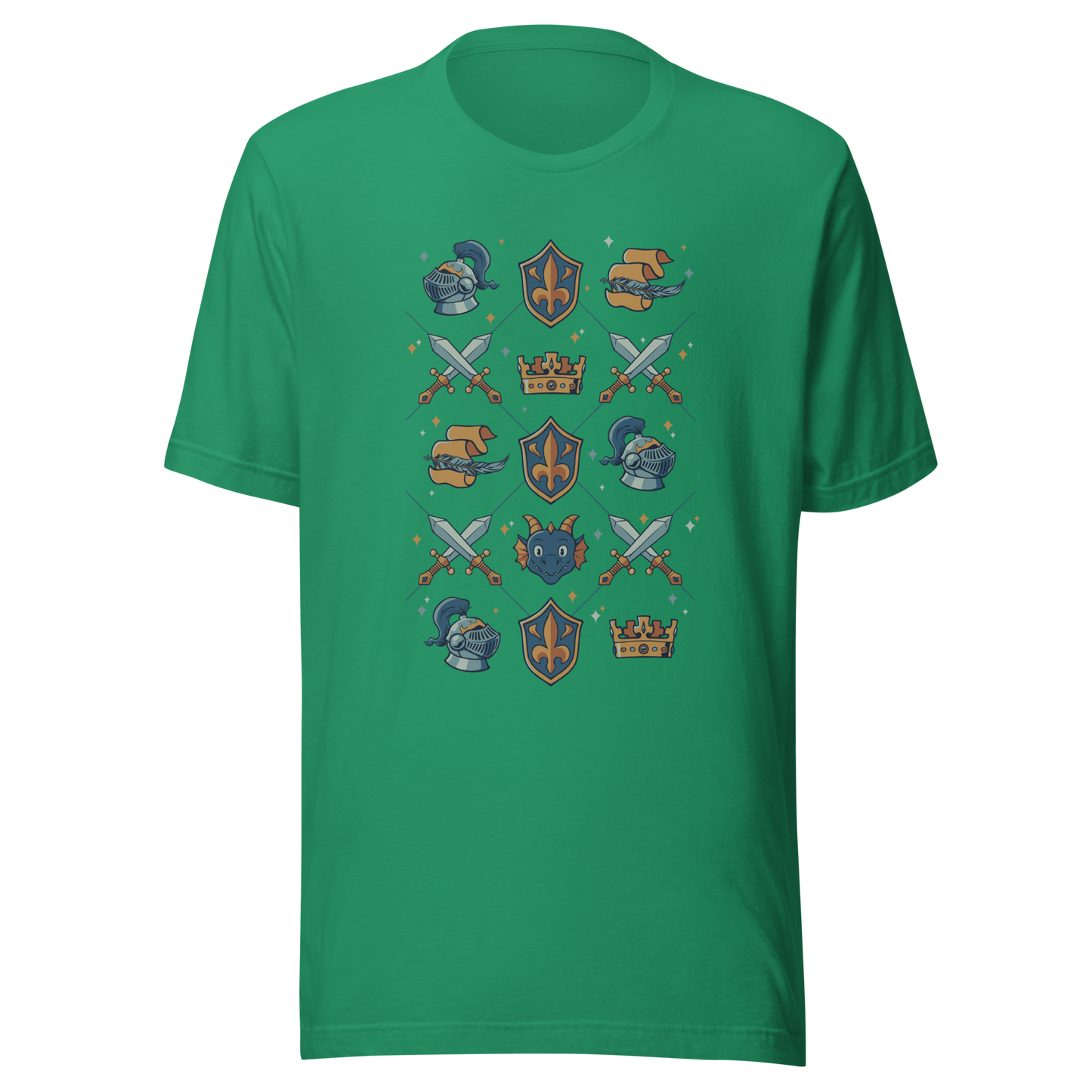 The artwork features swords, knight's helmets, crowns and dragons. Blending medieval fantasy with classic symbols of bravery, royalty, and magic, creating a strong and elegant composition. Ideal for fans of epic fantasy, knights, dragons, and anyone who loves prints with a heroic and stylish vibe.
