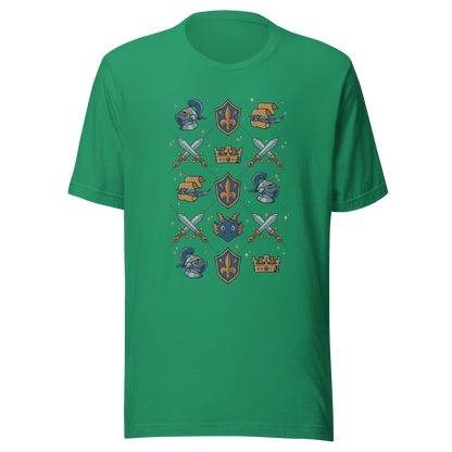 The artwork features swords, knight's helmets, crowns and dragons. Blending medieval fantasy with classic symbols of bravery, royalty, and magic, creating a strong and elegant composition. Ideal for fans of epic fantasy, knights, dragons, and anyone who loves prints with a heroic and stylish vibe.