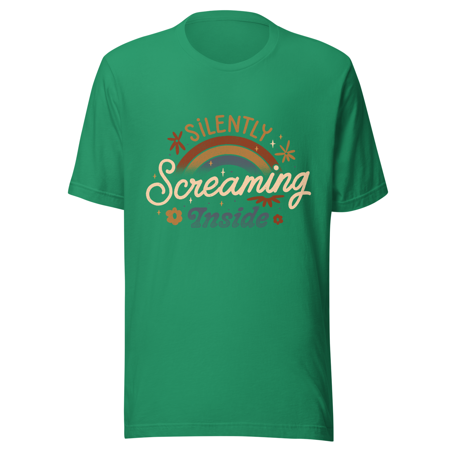 A fun and cute lettering design with a rainbow in the background and the phrase ‘Silently Screaming Inside’. The contrast between cheerful visuals and dark humour makes it perfect for those who cope with irony and sarcasm.