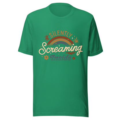 A fun and cute lettering design with a rainbow in the background and the phrase ‘Silently Screaming Inside’. The contrast between cheerful visuals and dark humour makes it perfect for those who cope with irony and sarcasm.