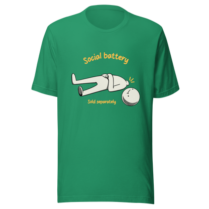 A cute character lying on the ground with their head separated from their body, paired with the phrase “Social Battery Sold Separately”. This humorous design captures the feeling of having no energy left for social interaction. Perfect for introverts and anyone who needs time alone to recharge, it’s a relatable and playful reminder that not everyone comes with a full social battery.