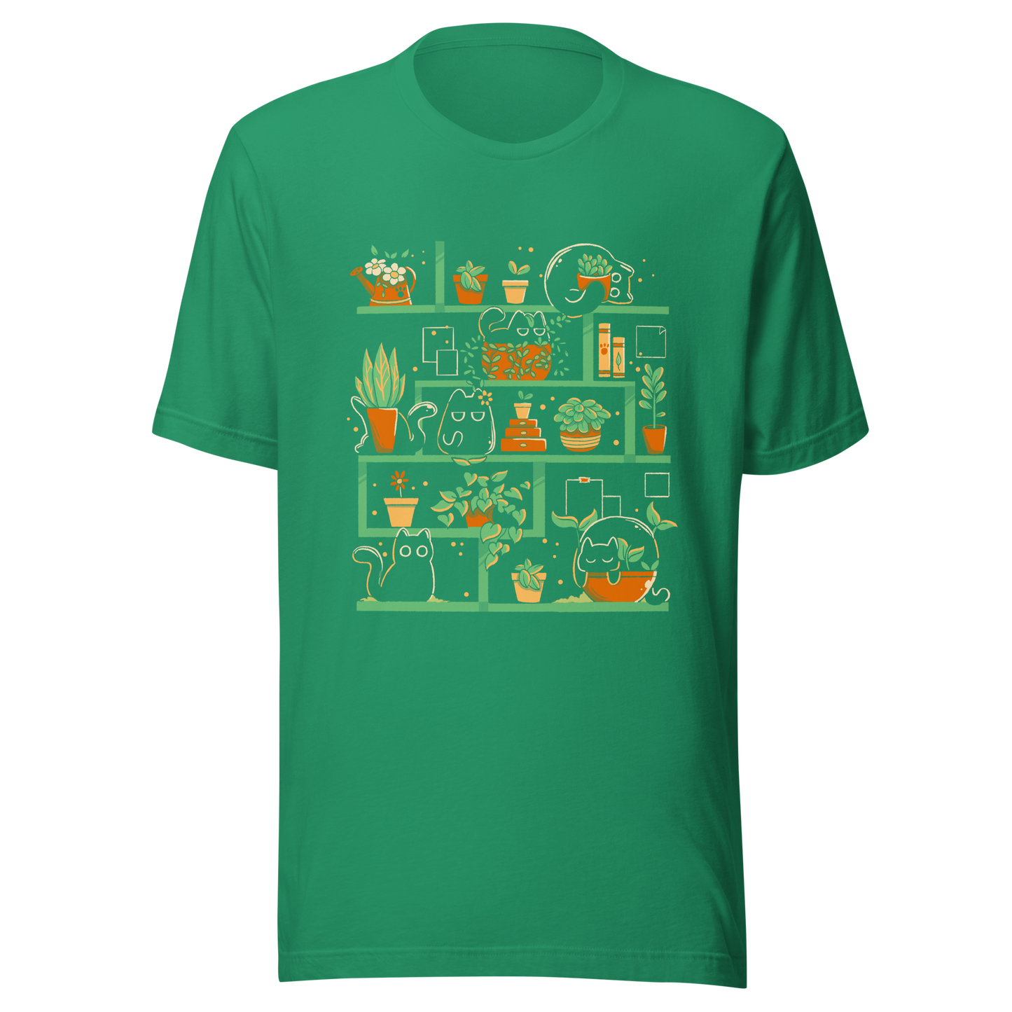 A minimalist illustration of a charming bookcase filled with lush potted plants and adorable kittens nestled among them. A cute and funny design, perfect for cat lovers, plant enthusiasts, and cosy decor fans.