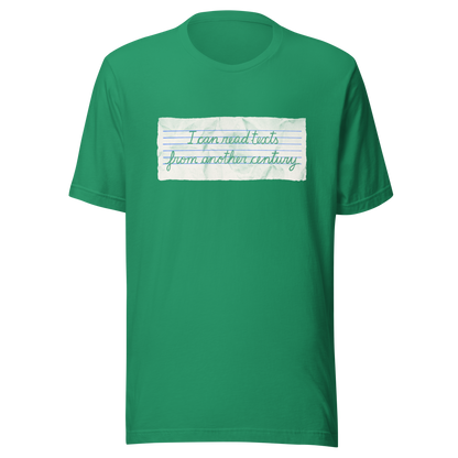 A minimalist artwork featuring handwritten lettering on crumpled, vintage notebook-style paper. The phrase “I can read texts from another century” blends nostalgia and ironic humour, making it perfect for book lovers, history enthusiasts, and literary nerds.