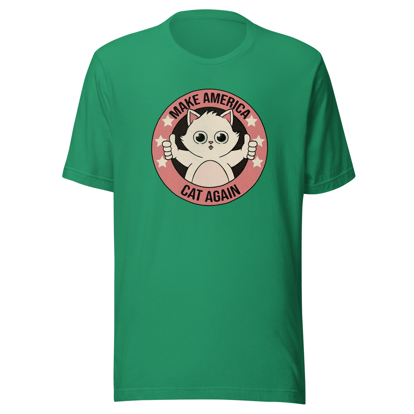 A stamp-style illustration of a cute kitten giving a two-finger thumbs-up, paired with the humorous phrase “Make America Cat Again”. A fun, ironic design for cat lovers and fans of playful pop culture art.