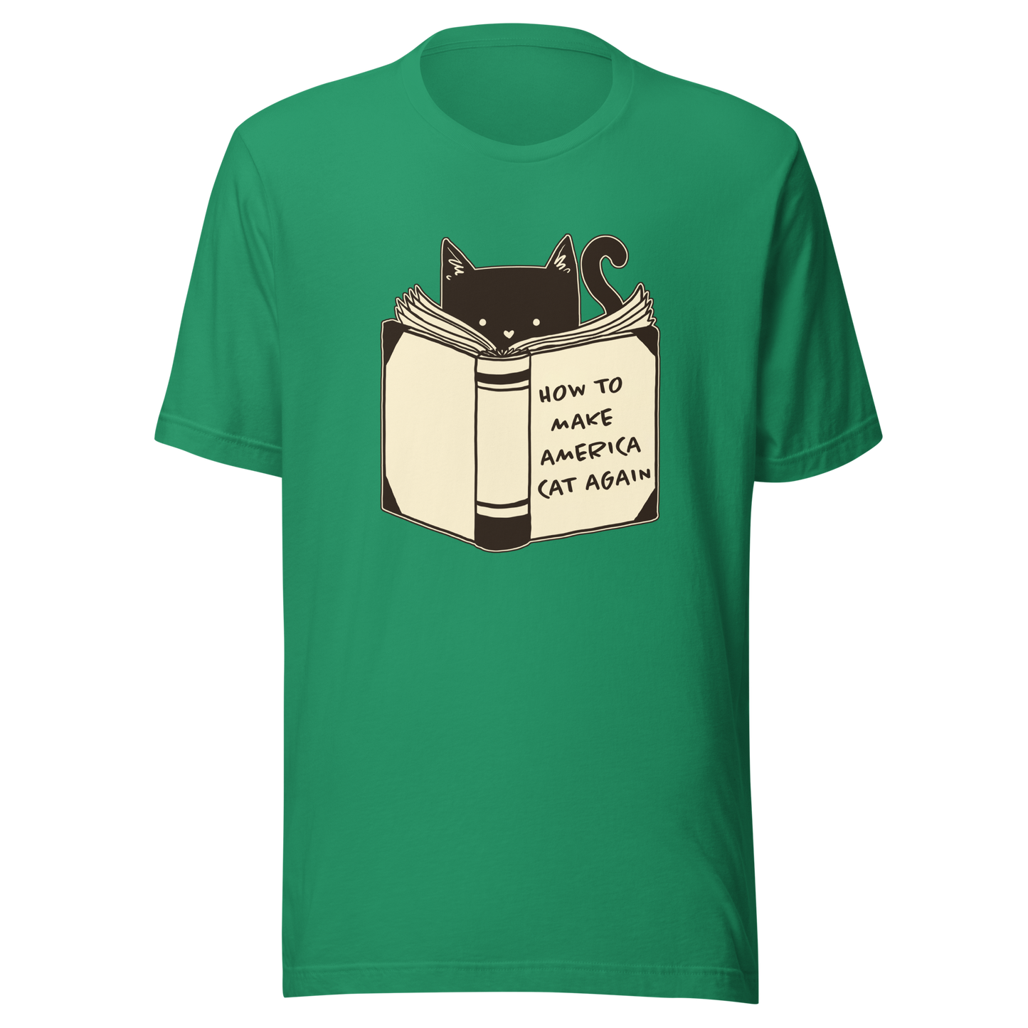 A minimalist illustration of a cat reading a book titled “How to Make America Cat Again”. A clean, witty design that blends feline charm with ironic humor, perfect for cat lovers and fans of clever, minimalist art.