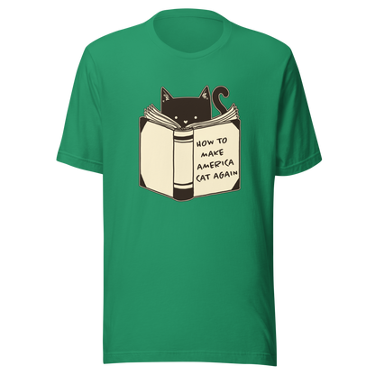 A minimalist illustration of a cat reading a book titled “How to Make America Cat Again”. A clean, witty design that blends feline charm with ironic humor, perfect for cat lovers and fans of clever, minimalist art.
