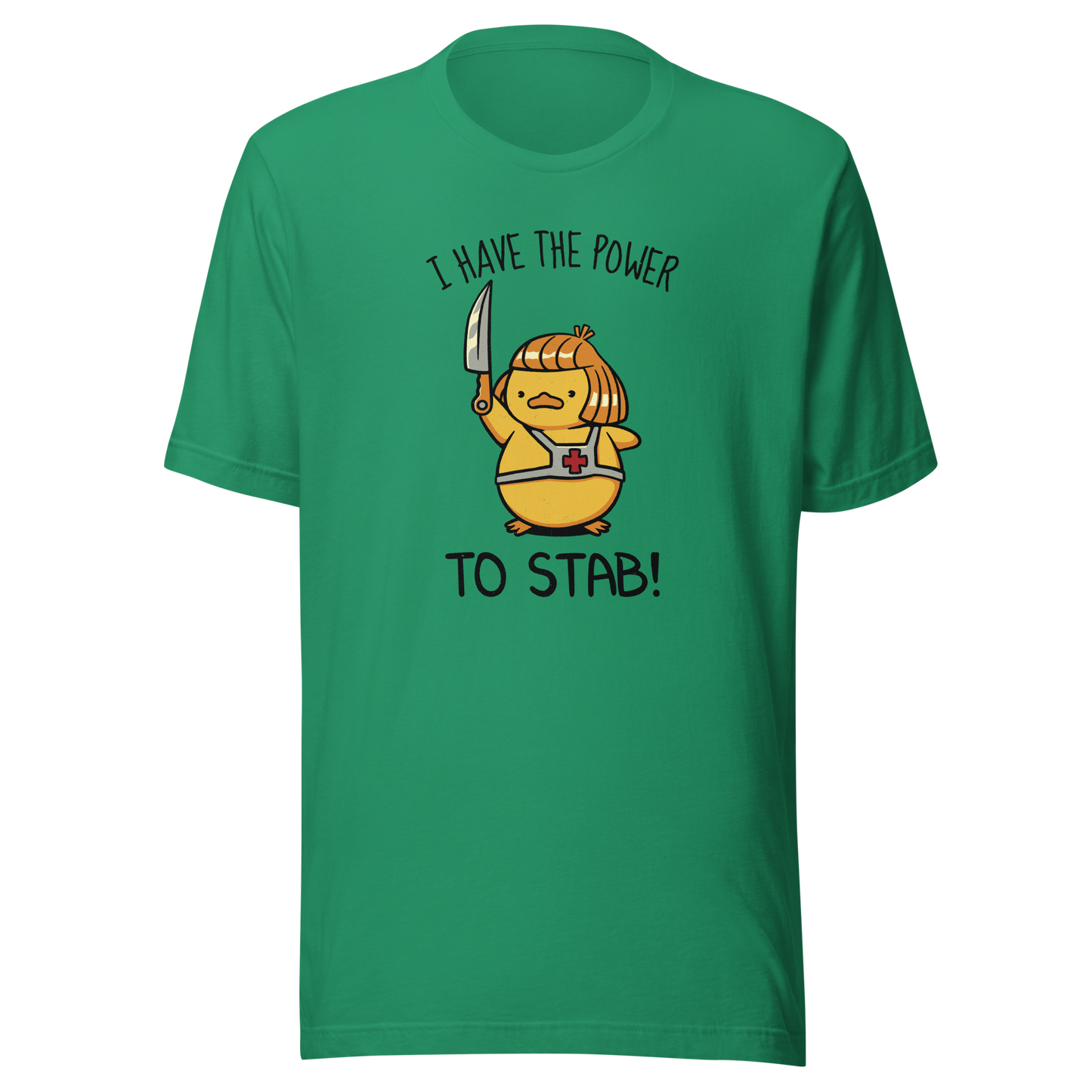 An illustration of a duck inspired by a classic '80s fantasy cartoon hero, dramatically holding a knife like a legendary sword beneath the phrase "I Have The Power To Stab." A fun parody design for fans of retro cartoons, nostalgic pop culture, fantasy adventures, and absurd animal humour.