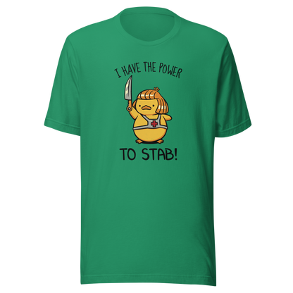 An illustration of a duck inspired by a classic '80s fantasy cartoon hero, dramatically holding a knife like a legendary sword beneath the phrase "I Have The Power To Stab." A fun parody design for fans of retro cartoons, nostalgic pop culture, fantasy adventures, and absurd animal humour.