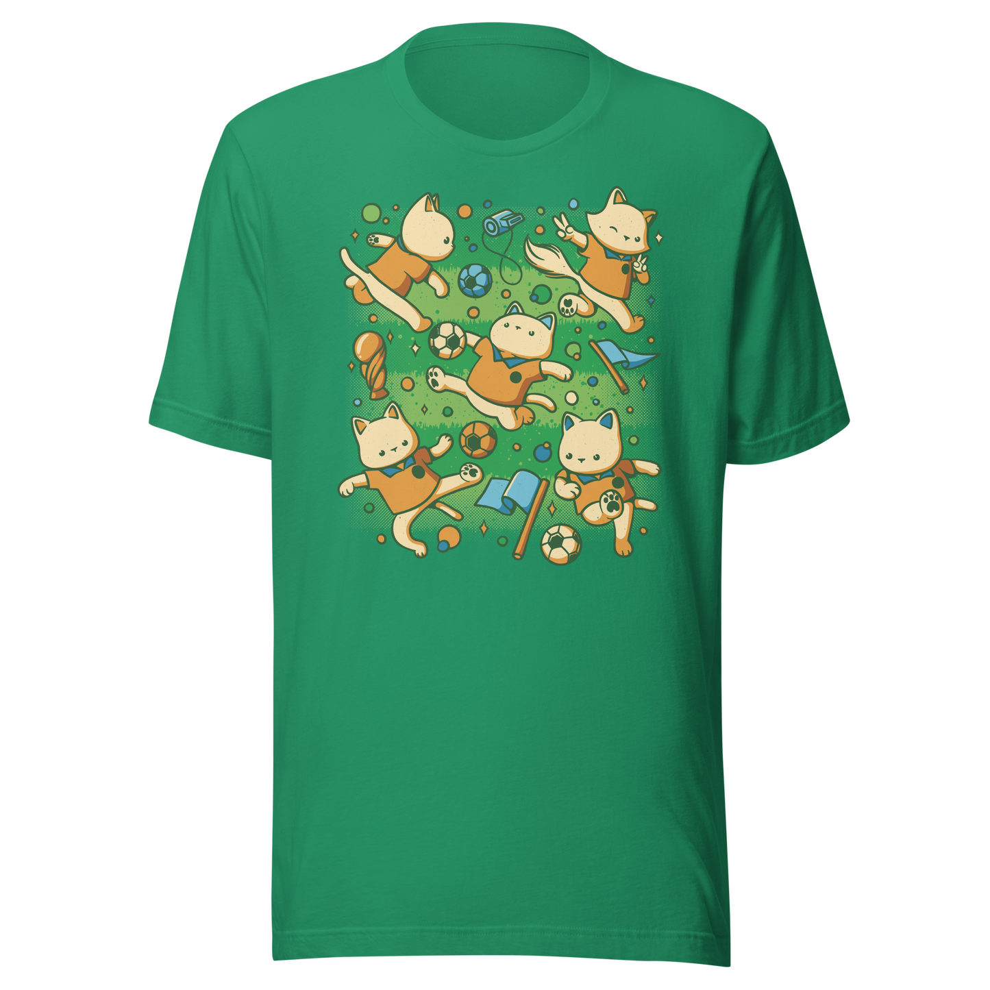 An artwork featuring several cats in soccer uniforms kicking a ball, surrounded by trophies, flags, and other football-inspired elements. A playful design perfect for cat lovers, soccer fans, and anyone who enjoys whimsical sports-themed art.