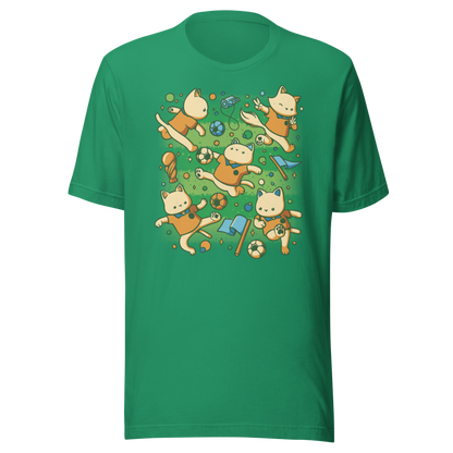 An artwork featuring several cats in soccer uniforms kicking a ball, surrounded by trophies, flags, and other football-inspired elements. A playful design perfect for cat lovers, soccer fans, and anyone who enjoys whimsical sports-themed art.