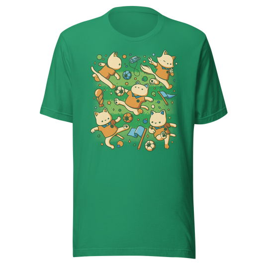 An artwork featuring several cats in soccer uniforms kicking a ball, surrounded by trophies, flags, and other football-inspired elements. A playful design perfect for cat lovers, soccer fans, and anyone who enjoys whimsical sports-themed art.