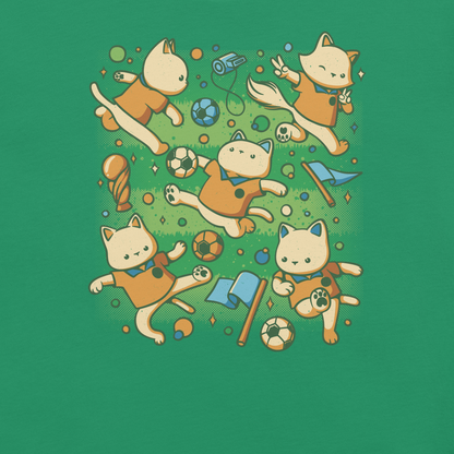 An artwork featuring several cats in soccer uniforms kicking a ball, surrounded by trophies, flags, and other football-inspired elements. A playful design perfect for cat lovers, soccer fans, and anyone who enjoys whimsical sports-themed art.