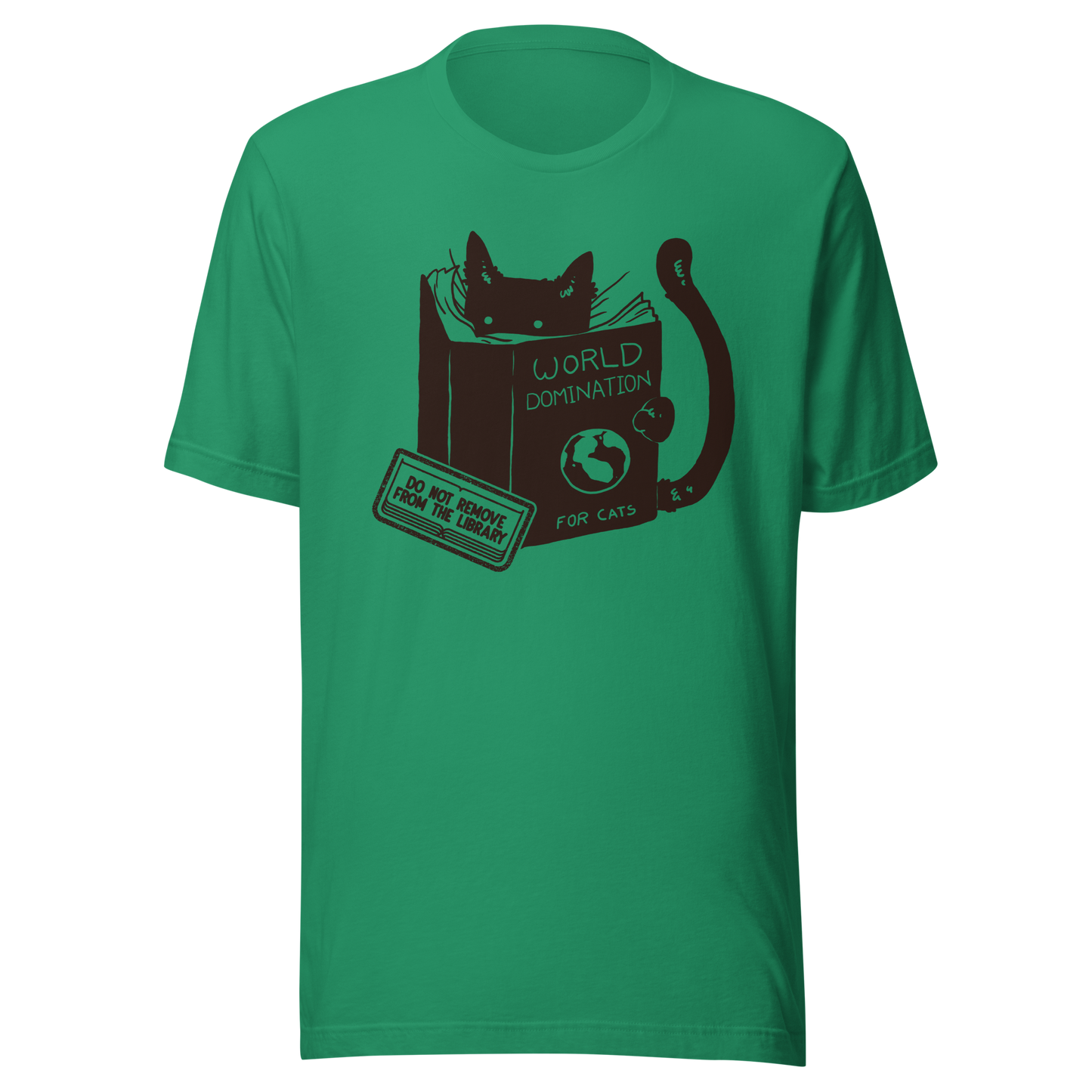 A minimalist illustration of a black kitten reading a book titled “World Domination for Cats,” featuring a humorous “Do Not Remove From Library” sticker. A playful artwork that captures the clever and ambitious nature of cats, perfect for cat lovers and fans of witty minimalist designs.