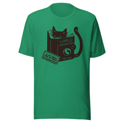 A minimalist illustration of a black kitten reading a book titled “World Domination for Cats,” featuring a humorous “Do Not Remove From Library” sticker. A playful artwork that captures the clever and ambitious nature of cats, perfect for cat lovers and fans of witty minimalist designs.