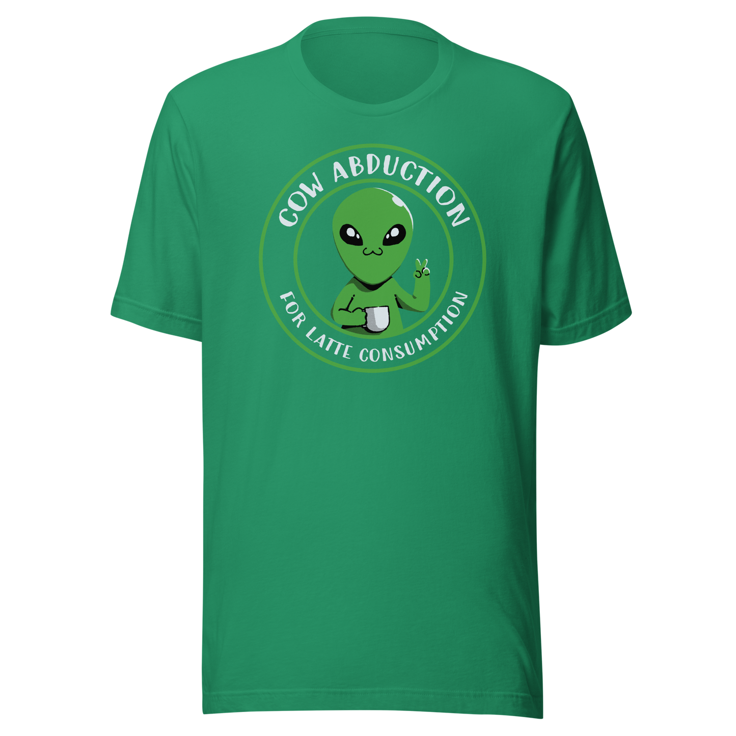 A cute alien holding a cup of coffee, paired with the phrase ‘Cow Abduction For Latte Consumption’. A playful and humorous design that mixes sci-fi vibes with coffee obsession. Perfect for coffee lovers, alien enthusiasts, and anyone who enjoys quirky, funny art with a cosmic twist.