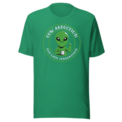 A cute alien holding a cup of coffee, paired with the phrase ‘Cow Abduction For Latte Consumption’. A playful and humorous design that mixes sci-fi vibes with coffee obsession. Perfect for coffee lovers, alien enthusiasts, and anyone who enjoys quirky, funny art with a cosmic twist.