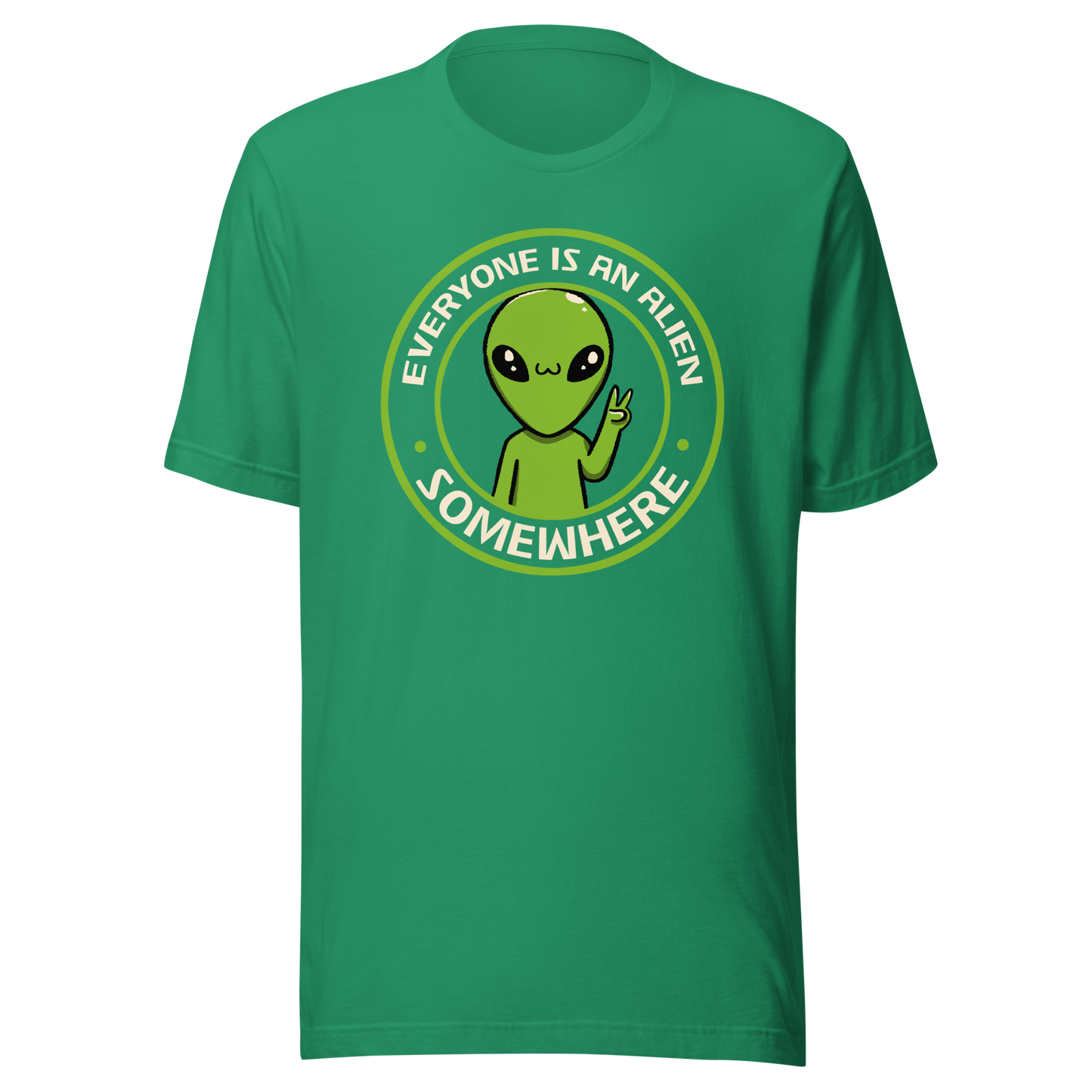 A stamp-style design of a green alien making a “V” sign, paired with the phrase “Everyone Is An Alien Somewhere”. A playful artwork about feeling different and embracing individuality.