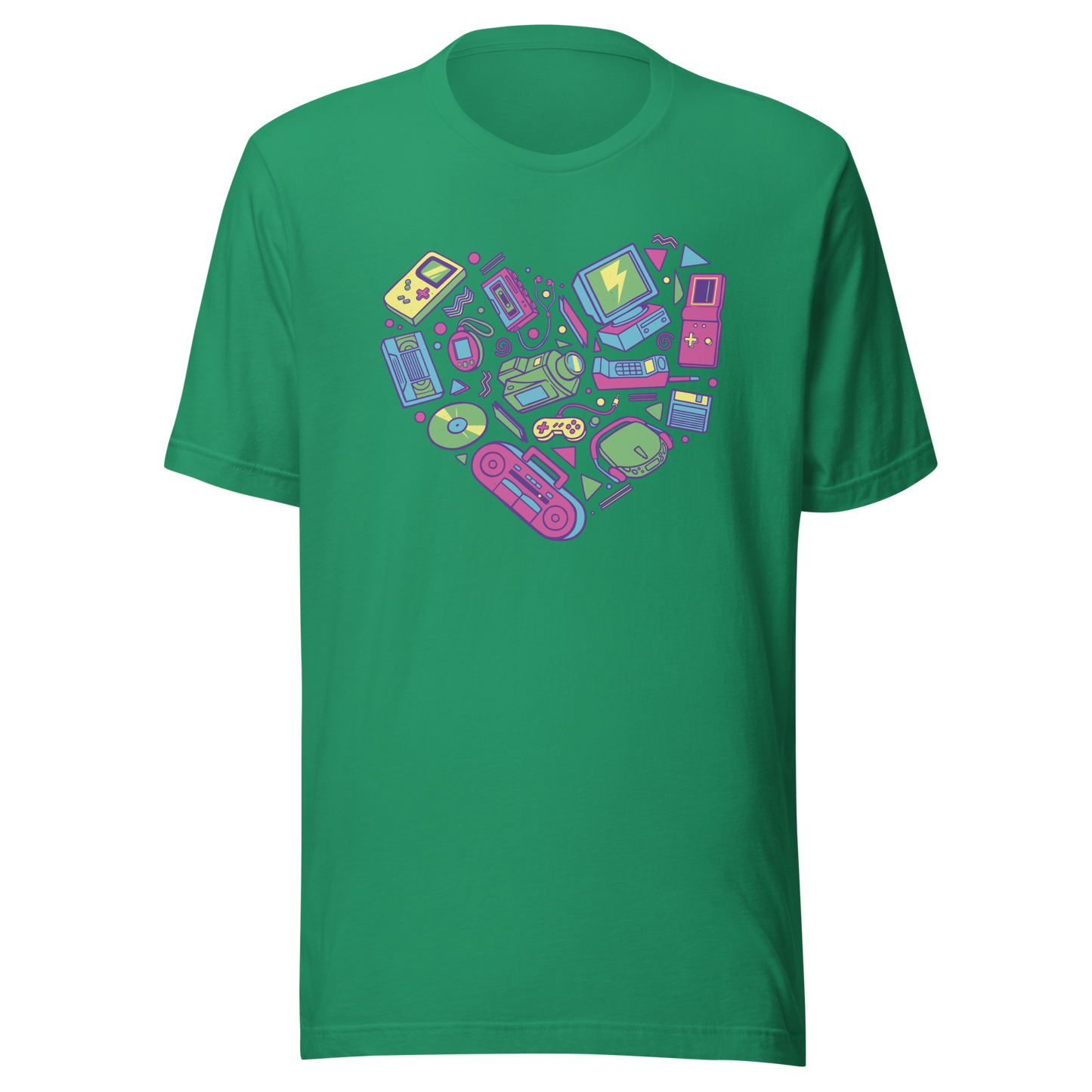 A heart made of iconic 90s electronics like computers, Walkmans, telephones, video game consoles, and Discmen, all in vibrant neon colours. A bold, nostalgic artwork perfect for anyone who loves retro tech and 90s vibes.