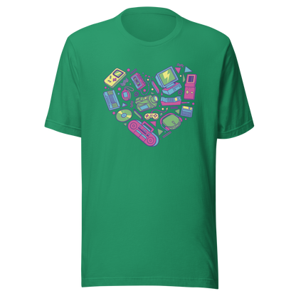 A heart made of iconic 90s electronics like computers, Walkmans, telephones, video game consoles, and Discmen, all in vibrant neon colours. A bold, nostalgic artwork perfect for anyone who loves retro tech and 90s vibes.