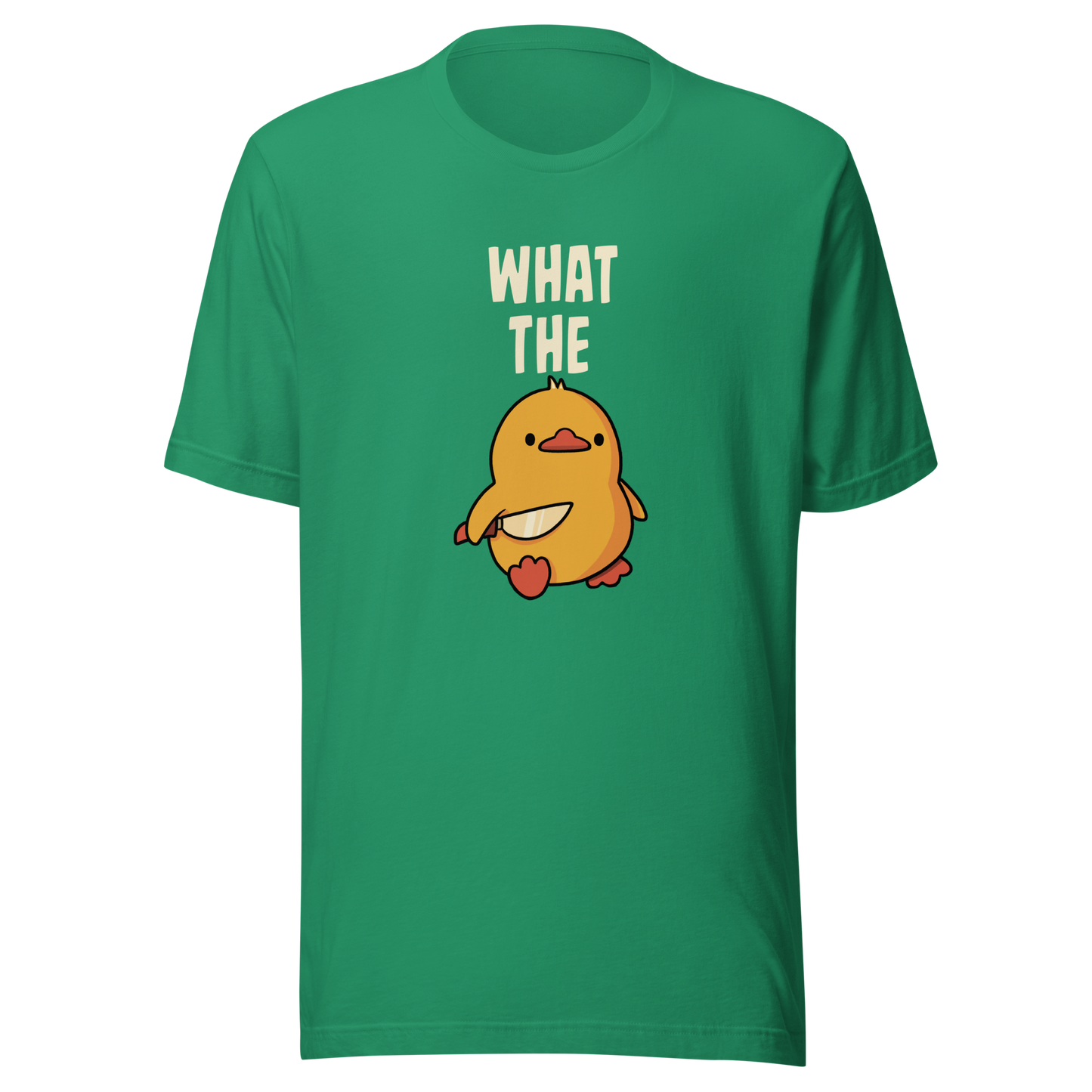 A cute yellow duck holding a small knife, with “What The” above it, completed by the duck below to read “What The Duck”. A playful mix of sweet and chaotic humor.