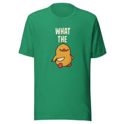A cute yellow duck holding a small knife, with “What The” above it, completed by the duck below to read “What The Duck”. A playful mix of sweet and chaotic humor.