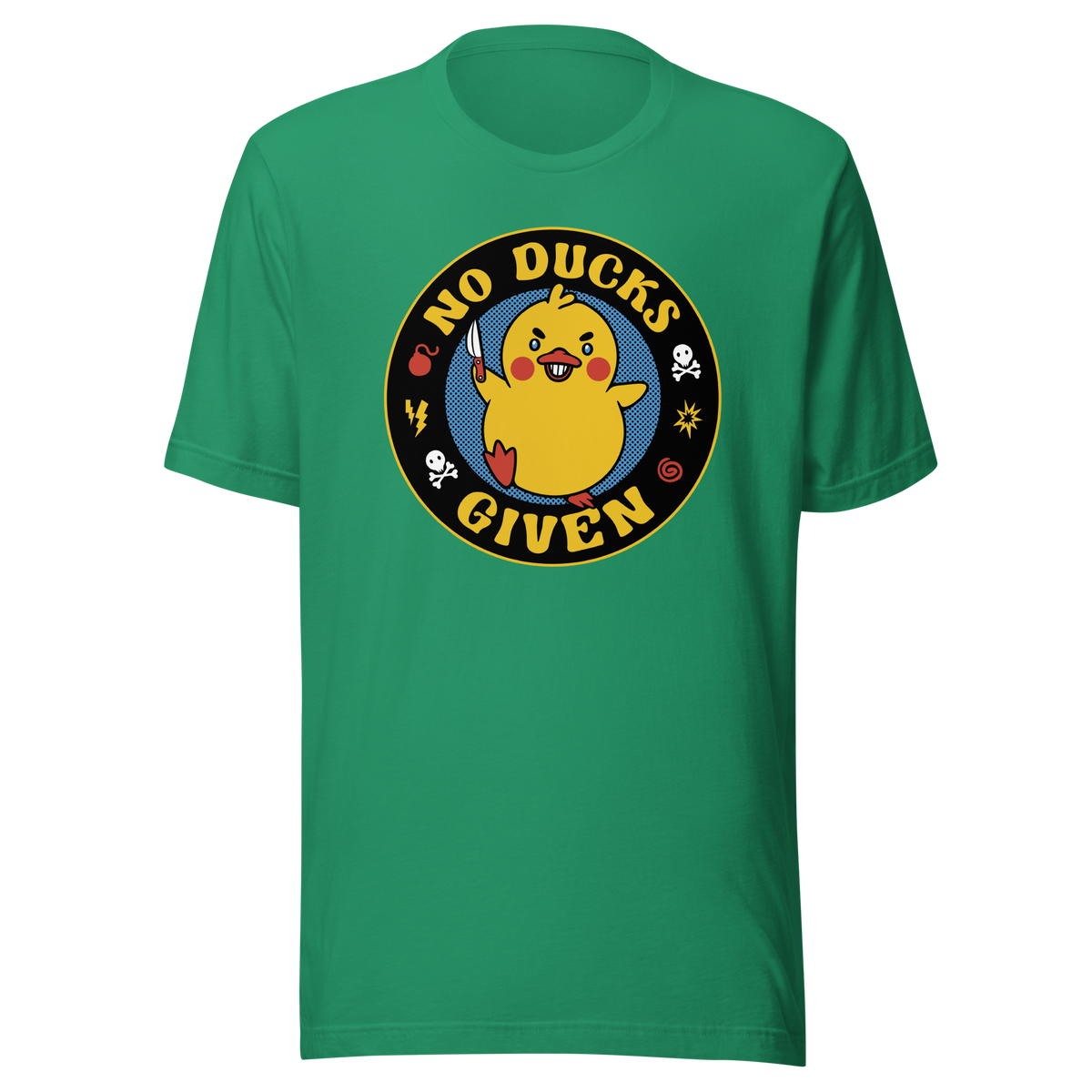 A cute yellow duck holding a small knife, around it the text "No Ducks Given". An art that mixes humor with the temperament of ducks.