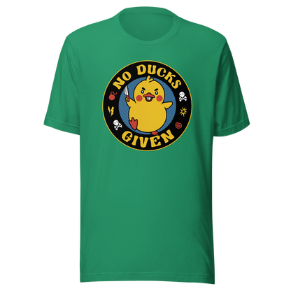 A cute yellow duck holding a small knife, around it the text "No Ducks Given". An art that mixes humor with the temperament of ducks.