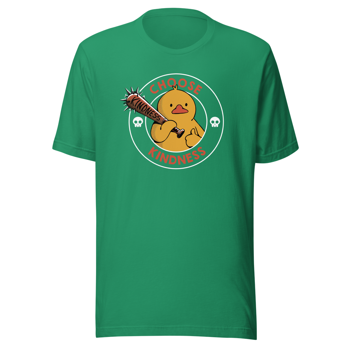 A tough-looking duck holds a spiked bat labeled “Kindness”, giving a thumbs up while surrounded by the phrase “Choose Kindness”. This bold design delivers a chaotic yet wholesome message: choose kindness — or else. Ideal for fans of dark humor, ducks with attitude, and ironic motivational vibes.