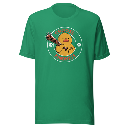 A tough-looking duck holds a spiked bat labeled “Kindness”, giving a thumbs up while surrounded by the phrase “Choose Kindness”. This bold design delivers a chaotic yet wholesome message: choose kindness — or else. Ideal for fans of dark humor, ducks with attitude, and ironic motivational vibes.
