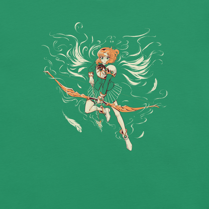 A whimsical magical heroine floats through the air with flowing hair, feather-like shapes, and an ornate fantasy staff. The elegant retro-inspired illustration combines movement, fantasy, and delicate decorative details.