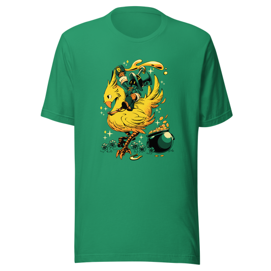 A fun and magical St. Patrick’s Day illustration featuring a tiny wizard dressed like a leprechaun riding a golden bird while holding a mug of beer.