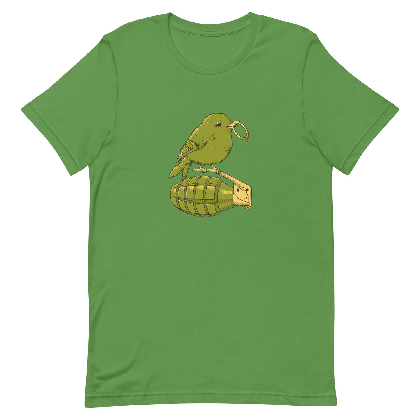 A small, detailed bird with a realistic style perches on top of a hand grenade. The bird holds the pin of the grenade in its beak, giving the image a whimsical yet ironic feel. The color palette consists of shades of green and tan, with a playful blend of nature and military elements. The overall vibe is quirky and thought-provoking, blending humor with a hint of danger.
