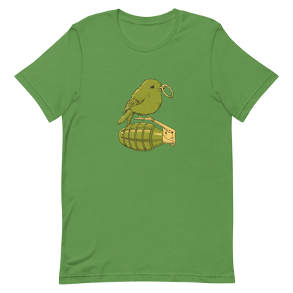A small, detailed bird with a realistic style perches on top of a hand grenade. The bird holds the pin of the grenade in its beak, giving the image a whimsical yet ironic feel. The color palette consists of shades of green and tan, with a playful blend of nature and military elements. The overall vibe is quirky and thought-provoking, blending humor with a hint of danger.
