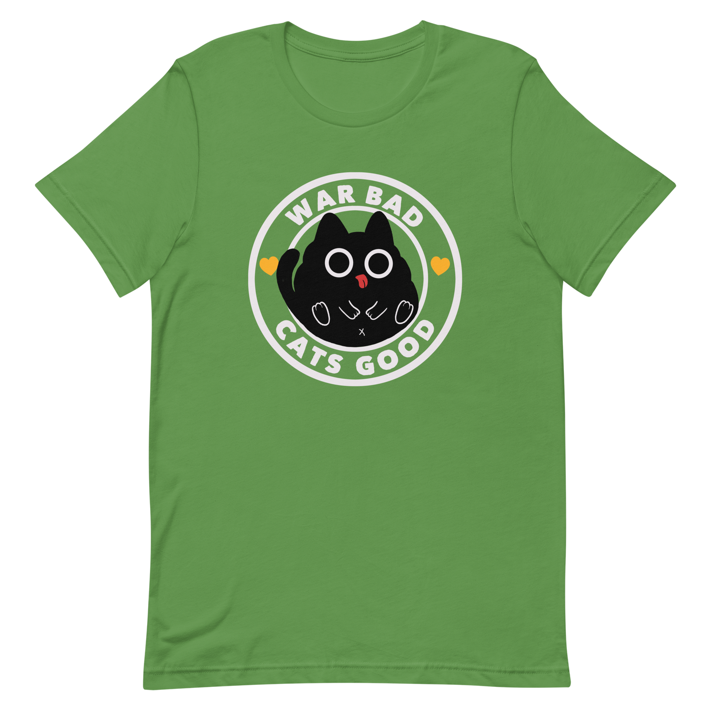 A chubby black cat with big round eyes sits in the center of a circle with the words “War Bad, Cats Good.” This artwork mixes cuteness with a powerful message, reminding us that peace and love always win over conflict. Perfect for cat lovers, peace advocates, and anyone who enjoys playful yet meaningful designs.